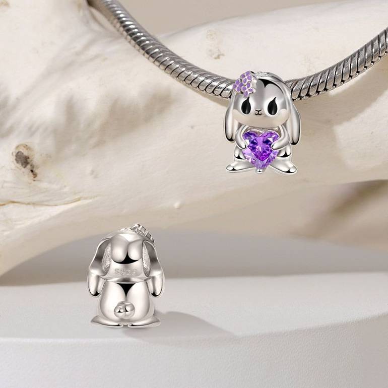 Lop-eared Rabbit Embraces Heart Gemstone Charm Bead 925 Sterling Silver