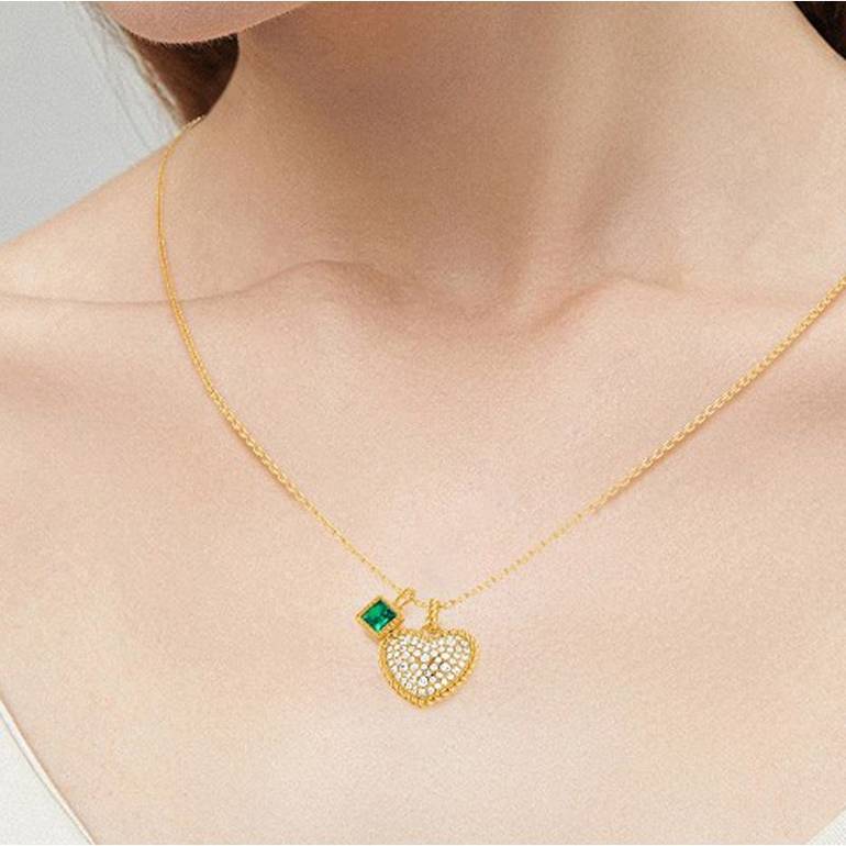 Gnoce Paved Heart & Emerald Princess Gemstone Twisted Rope Pendants Necklaces