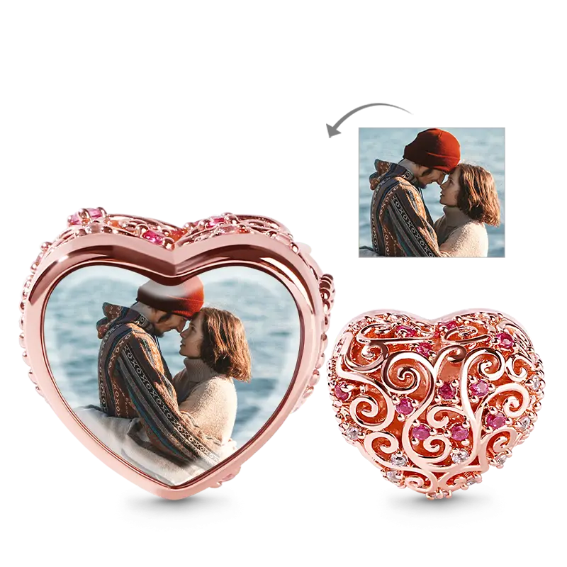 Heart shaped Hollow Photo Charm 18k Rose Gold Plated Bead with Red Stone