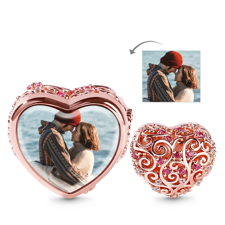 Heart shaped Hollow Photo Charm 18k Rose Gold Plated Bead with Red Stone