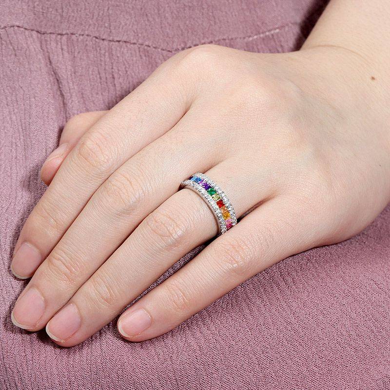 Multi-Color Princess Cut Band Ring for Woman Sterling Silver