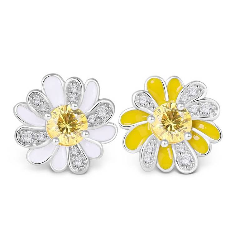 Daisy Flower Earrings Paved Yellow CZ Stones Sterling Silver
