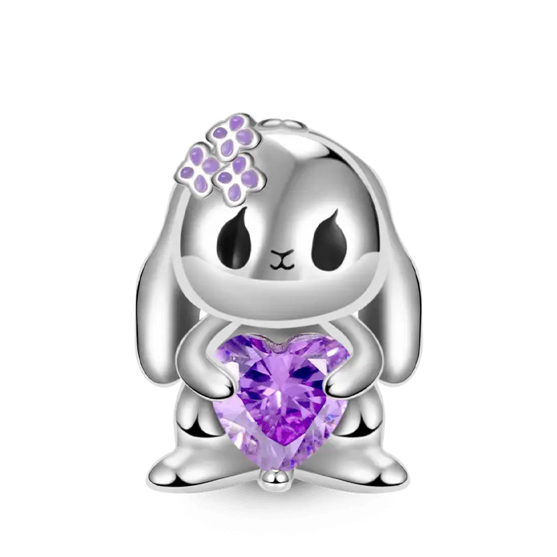 Lop-eared Rabbit Embraces Heart Gemstone Charm Bead 925 Sterling Silver