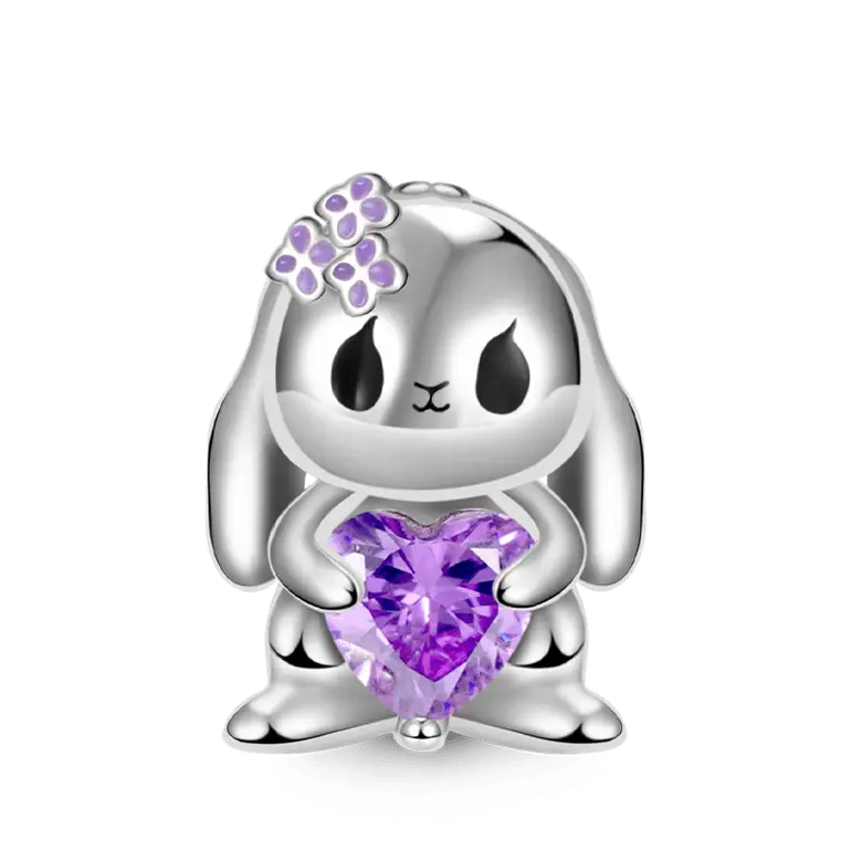 Lop-eared Rabbit Embraces Heart Gemstone Charm Bead 925 Sterling Silver