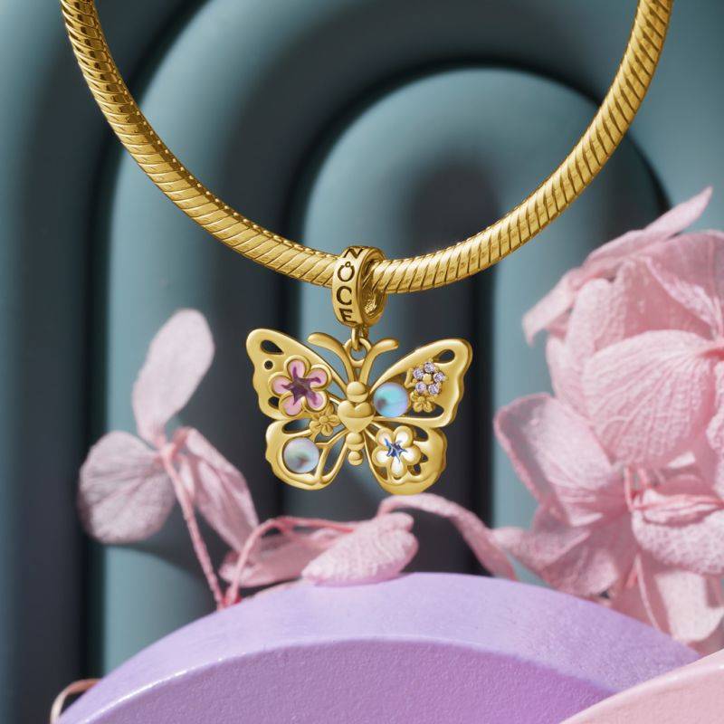 Gnoce 18K Gold Plated Sparkling Flying Butterfly Moonstone Pendant Dangle Charm