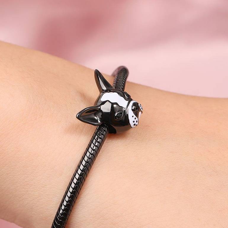 Bulldog Charm Sterling Silver Bead White and Black Enameled fit Bracelets