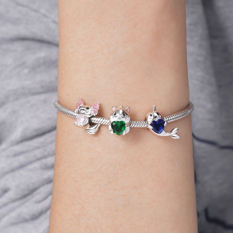 Cute Hamster Embraces Heart Gemstone Charm Bead 925 Sterling Silver