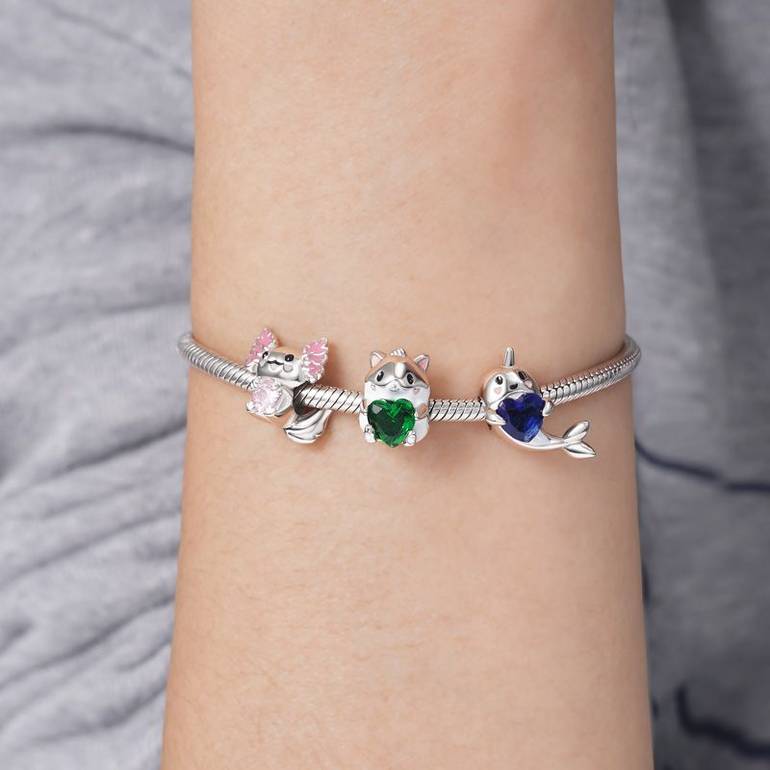 Cute Hamster Embraces Heart Gemstone Charm Bead 925 Sterling Silver
