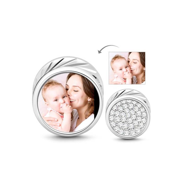 Personalised Memory Photo Bead Charm 925 Sterling Silver Paved Stones Fit Bracelets Necklaces