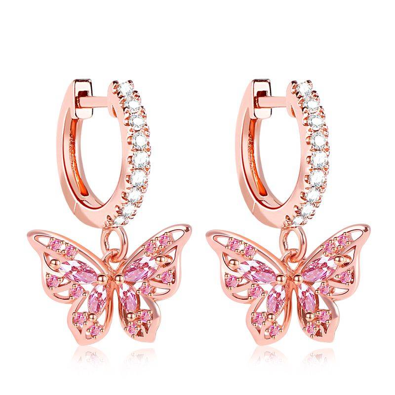 Butterfly Dangle Hoop Earrings 18k Rose Gold Plated 925 Sterling Silver Openwork
