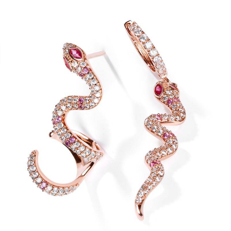 Pink Snake Earrings with Clear CZ Stones S925 Silver