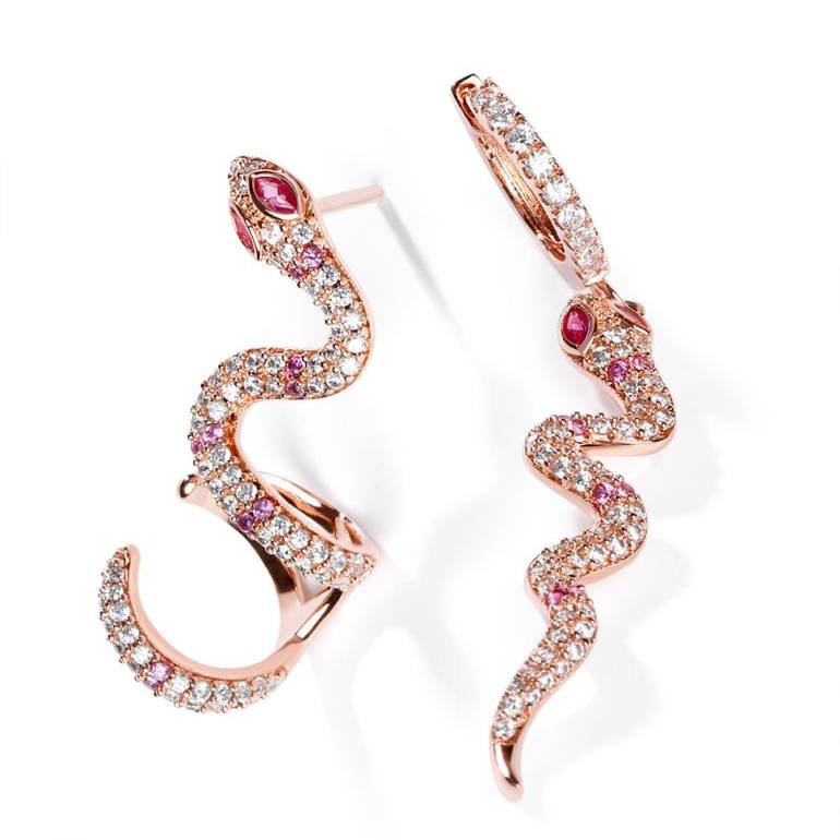 Pink Snake Earrings with Clear CZ Stones S925 Silver