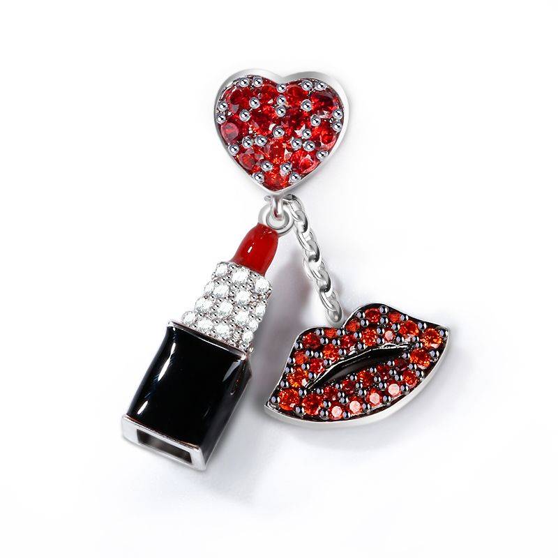 Red Stone Lipstick Charm WIth Red lips 925 Sterling Silver Pendant