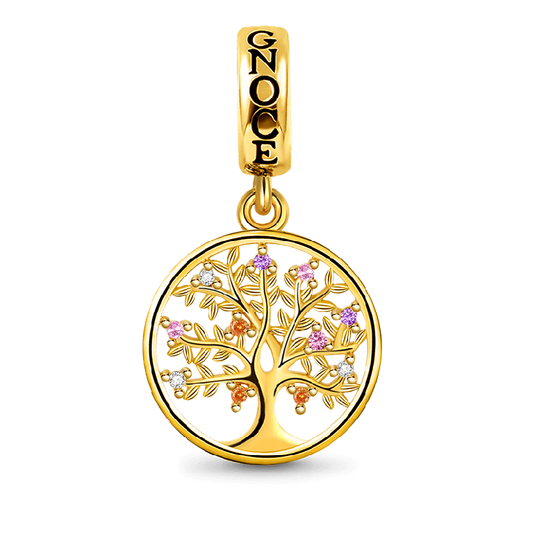Tree of Life Pendant Dangle Charm Sterling Silver 18k Gold Plated inlaid with Multicolour Stones