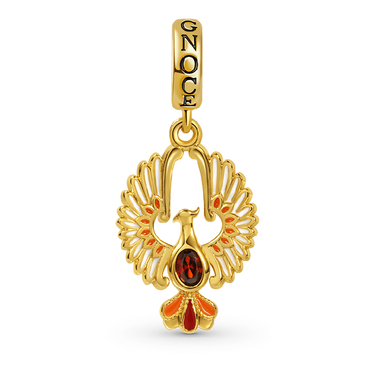 Golden Phoenix Pendant Dangle Charm Sterling Silver 18k Gold Plated inlaid with Oval Cut Ruby