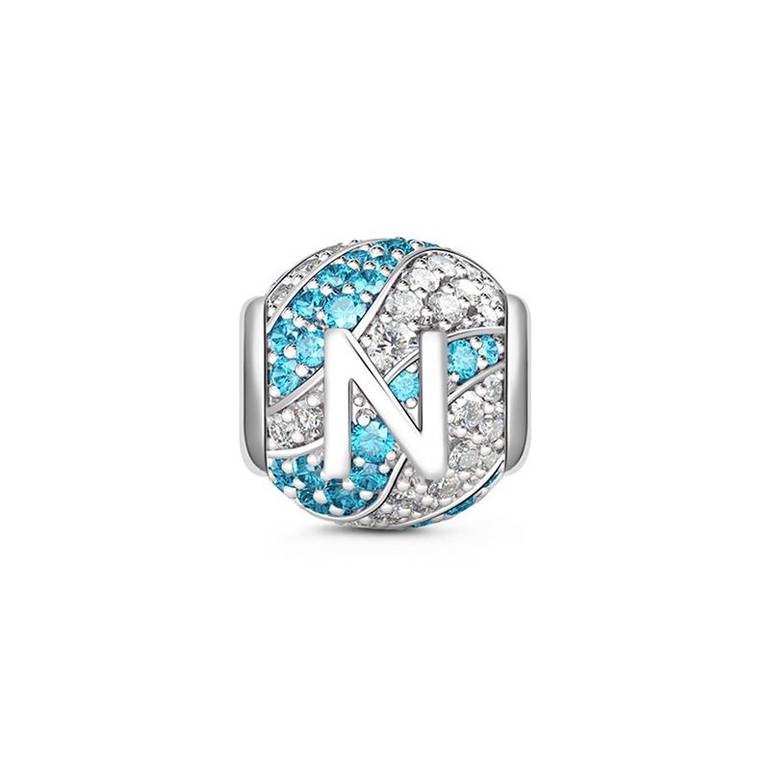 Letter N Charm with Aquamarine & Clear CZ 925 Sterling Silver