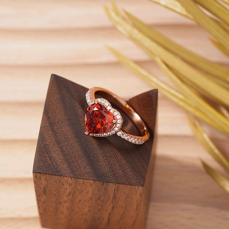 Red Heart-shaped Halo Engagement Ring Sterling Silver 18K Rose Gold Plated