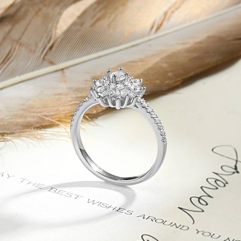 Flower Promise Ring Round Baguette Cut White Sapphire for Woman