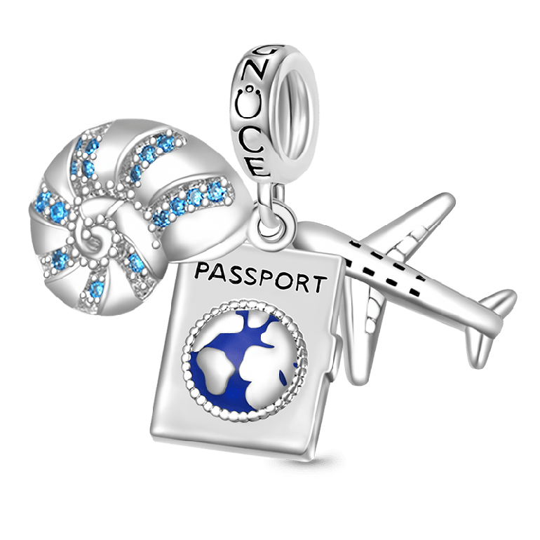 Gnoce Airplane, Passport & Conch Triple Pendant Dangle Charm