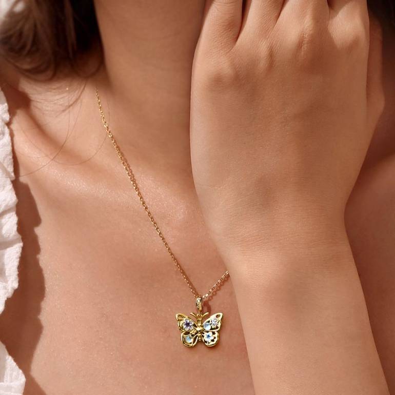 Gnoce 18K Gold Plated Sparkling Flying Butterfly Moonstone Pendant Dangle Charm