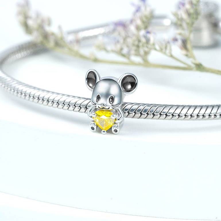 Mouse Embraces Heart Gemstone Charm Bead 925 Sterling Silver