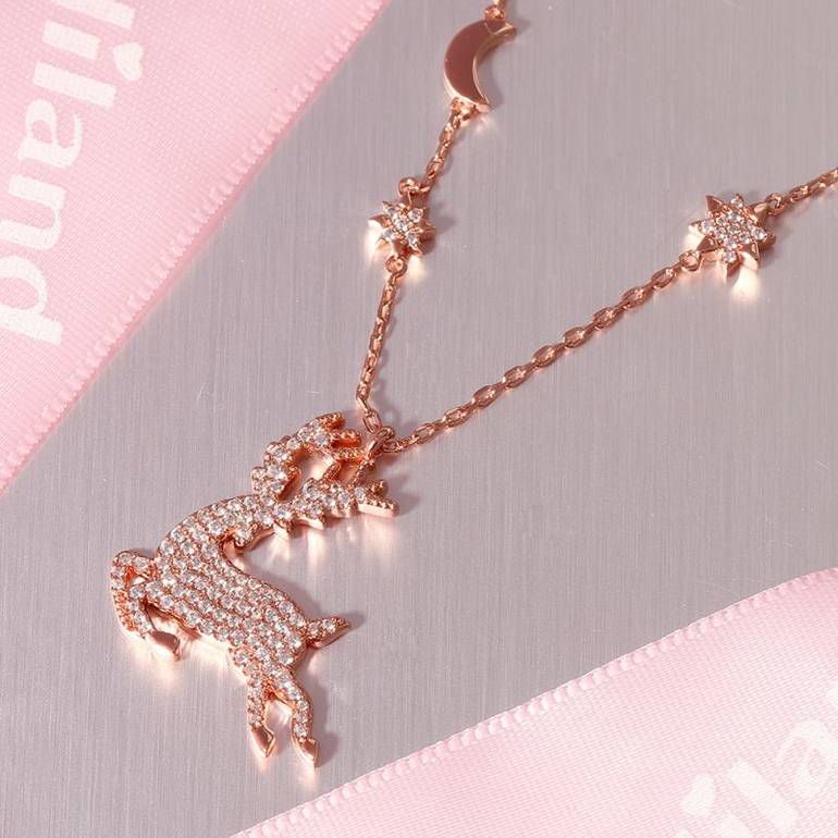 Elk Necklaces Sterling Silver 18k Rose Gold Plated Paved with Stones