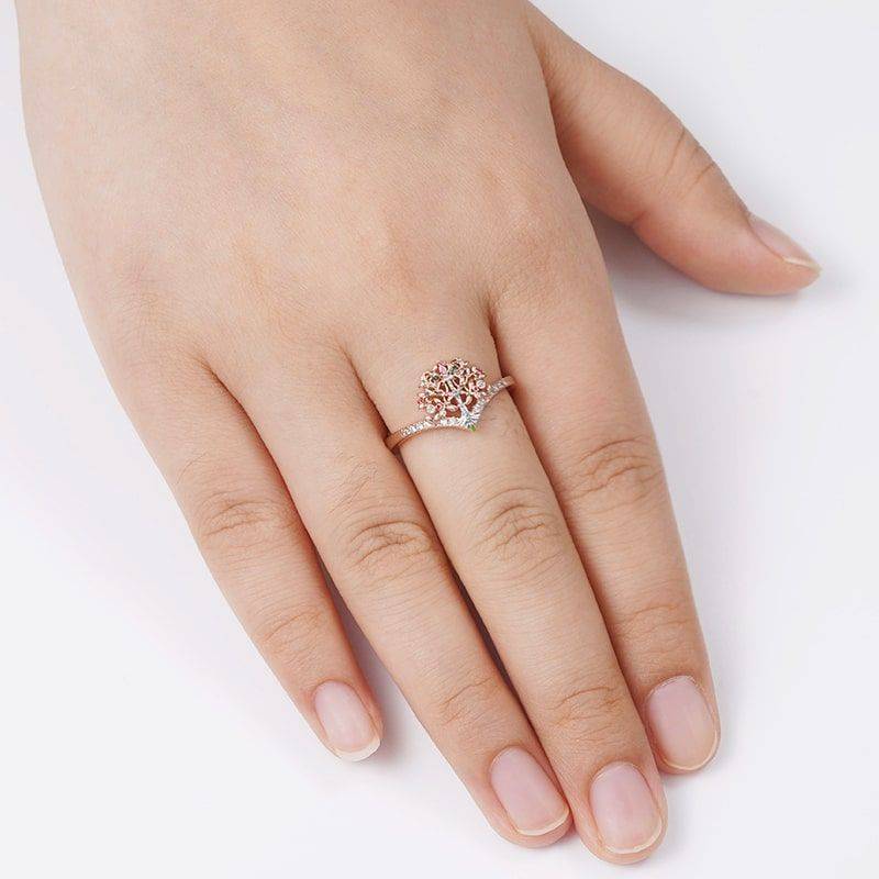 Tree of Life V Ring Sterling Silver 18K Rose Gold Plated Inlaid with Colorful Gemstones