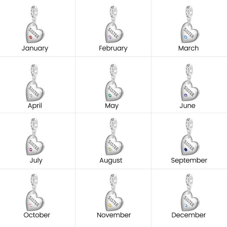 Gnoce SISTER Heart Family Birthstone Pendant Dangle Charm