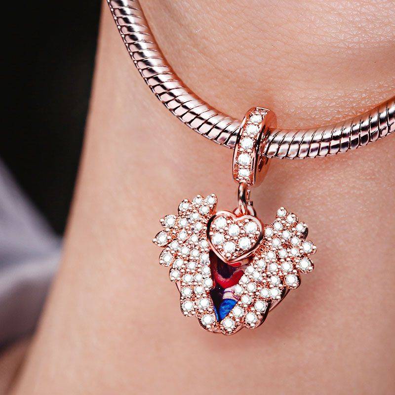 Heart with Angel'Wing Photo Charm Sterling Silver Rose Gold Pendant
