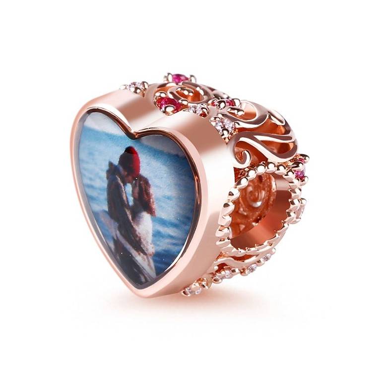 Heart shaped Hollow Photo Charm 18k Rose Gold Plated Bead with Red Stone