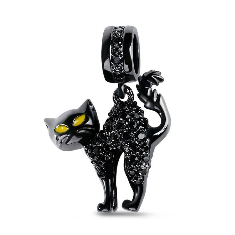 Naughty Black Cat Dangle Charm with Cz Stone 925 Sterling Silver Pendant for Bracelets/Necklaces