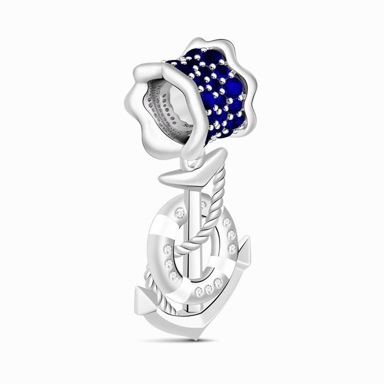Anchor Dangling Charm Paved Dark Sapphire 925 Sterling Silver Marine Themed Pendant