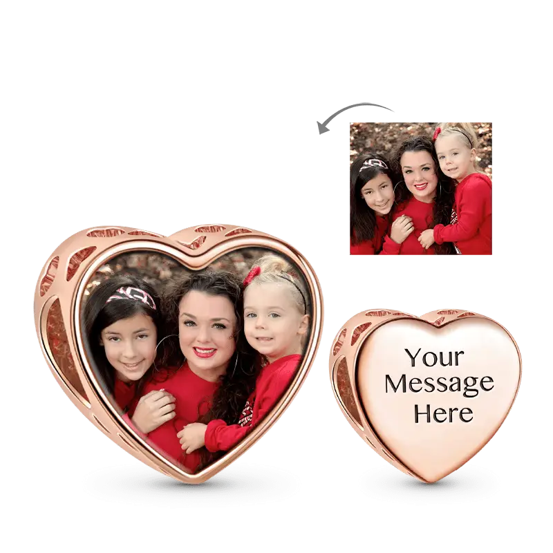 Heart Hollow Custom Engravable Photo Charm 18k Rose Gold Plating 925 Sterling Silver