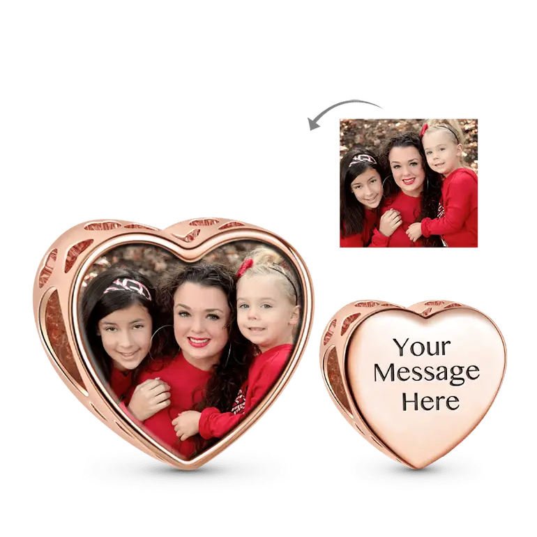 Heart Hollow Custom Engravable Photo Charm 18k Rose Gold Plating 925 Sterling Silver