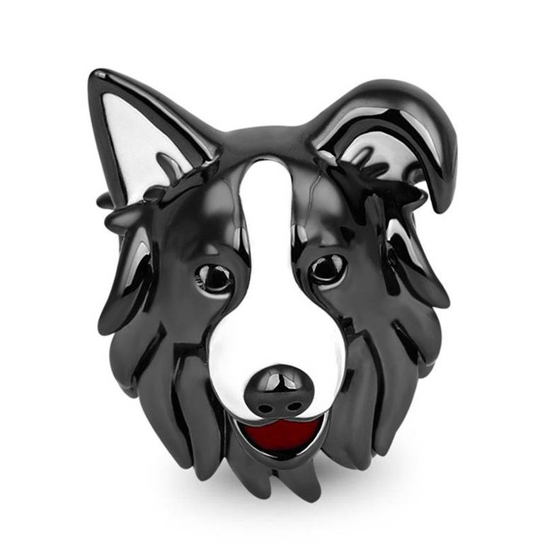 Black White Border Collie Dog Charm Bead 925 Sterling Silver