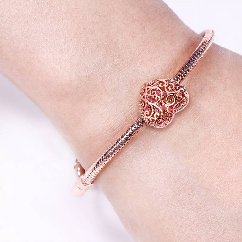 Heart shaped Hollow Photo Charm 18k Rose Gold Plated Bead with Red Stone