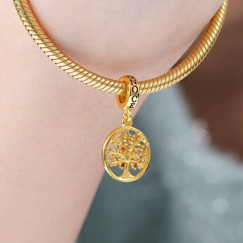 Tree of Life Pendant Dangle Charm Sterling Silver 18k Gold Plated inlaid with Multicolour Stones