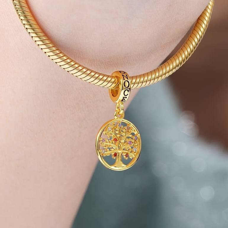 Tree of Life Pendant Dangle Charm Sterling Silver 18k Gold Plated inlaid with Multicolour Stones