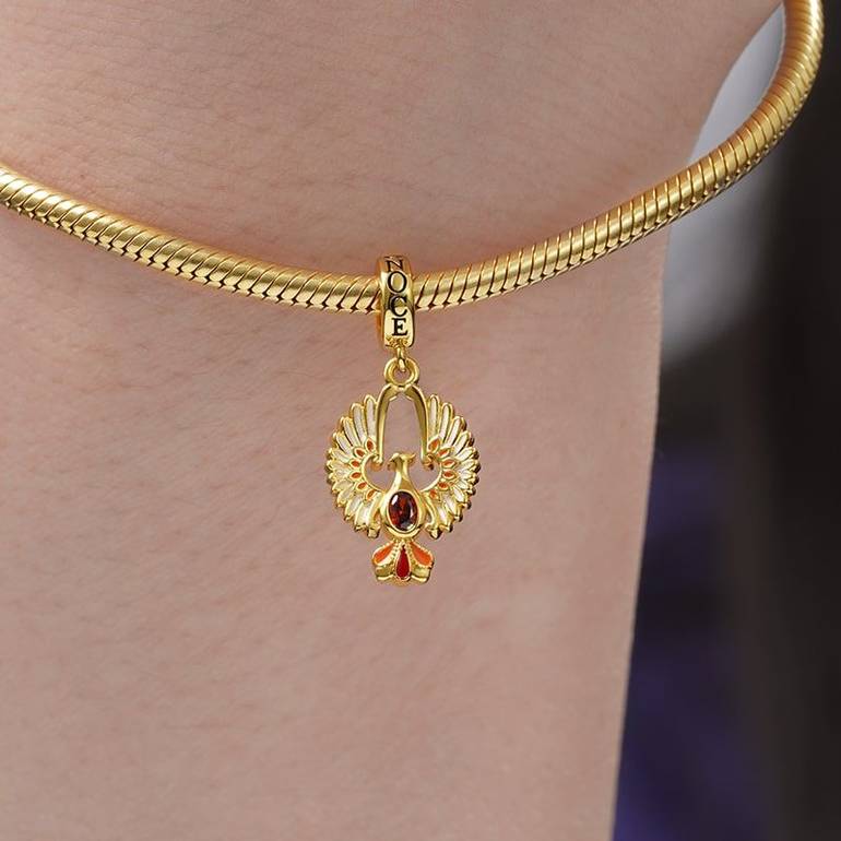 Golden Phoenix Pendant Dangle Charm Sterling Silver 18k Gold Plated inlaid with Oval Cut Ruby
