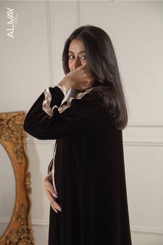 Brown Velvet abaya with Embroidered Trim and Inner Tulle
