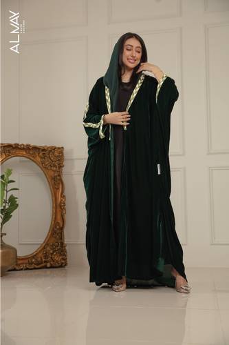 Olive Green Velvet abaya with Embroidered Trim