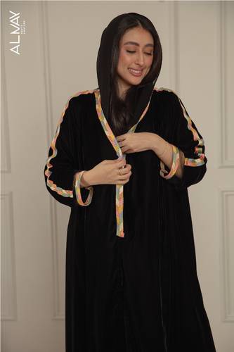 Black Velvet abaya with Embroidered Trim and Inner Tulle