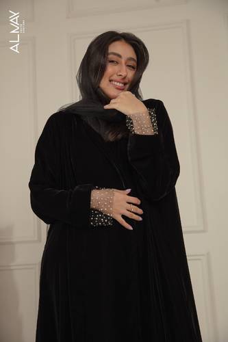 Black Silk abaya with Black Tulle and Pieces of Pearls