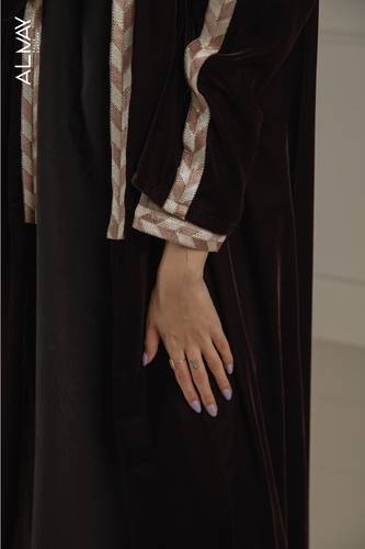 Brown Velvet abaya with Embroidered Trim and Inner Tulle