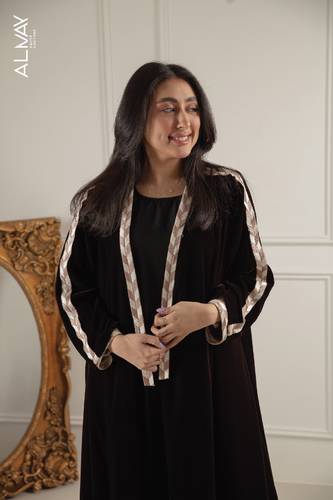Brown Velvet abaya with Embroidered Trim and Inner Tulle
