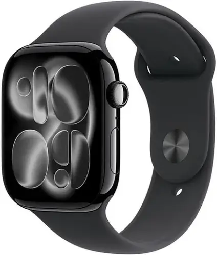 ‏‏‏Apple Watch Series 11 موديل GPS‏ إطار ألومنيوم أسود لامع مقاس 46 مم مع حزام رياضي أسود - /كبير