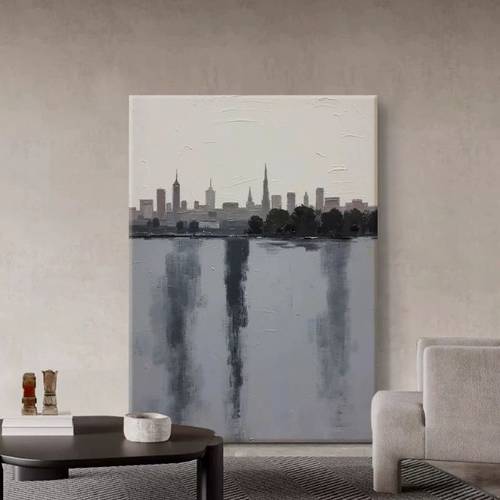 لوحة جدارية كانفاس رسم يدوي شاطي مدينة ساطحات السحاب