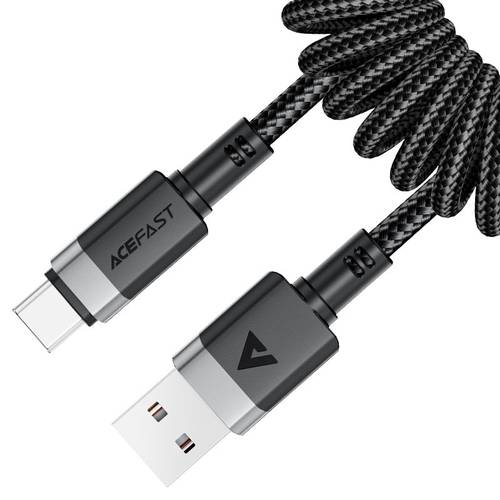 كيبل شحن ونقل بيانات يو اس بي (USB-A) إلى تايب سي (USB-C) حلزوني (سبرنج) قماشي مضفر بقوة 3A موديل C14-04 من Acefast - أسود