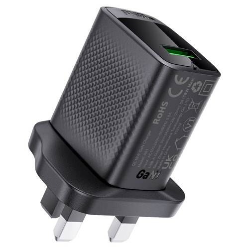 A91-QC18W شاحن حائط GaN سريع 18W بمنفذ USB-A (مقبس بريطاني UK)