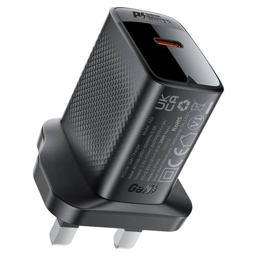 A83-PD20W شاحن حائط GaN سريع 20W بمنفذ USB-C (مقبس بريطاني UK)